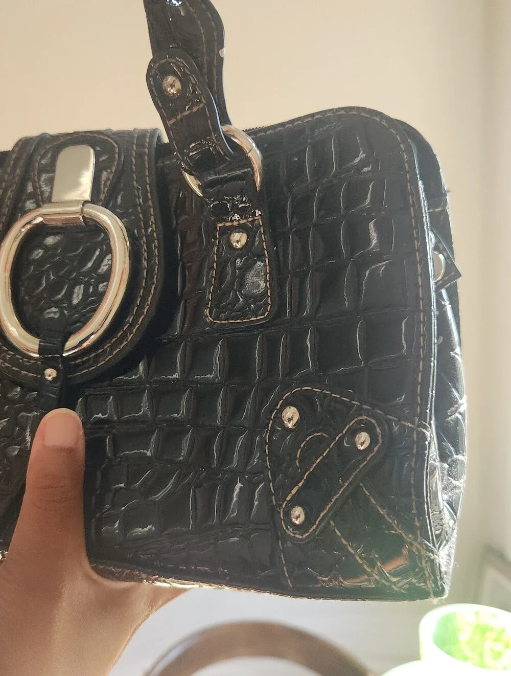 Vintage Black Croc Embossed Vinyl Satchel Handbag Silver Hardware Top Handle Pur